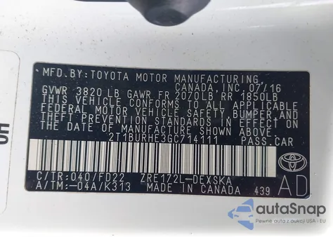 2016 Toyota Corolla S Plus z USA, uszkodzony, nr VIN 2T1BURHE3GC714111